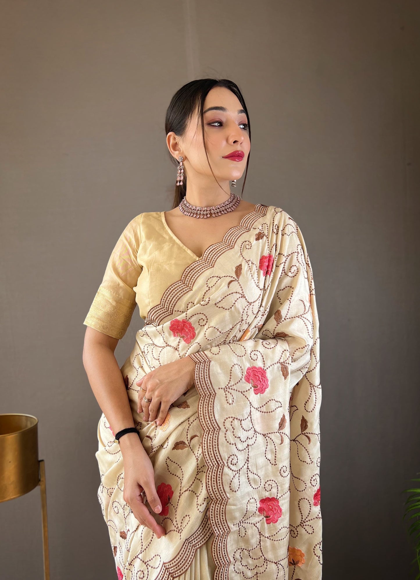 "Embroidered Floral Tussar Silk Saree with Cutwork Border - Exquisite Handcrafted Elegance"