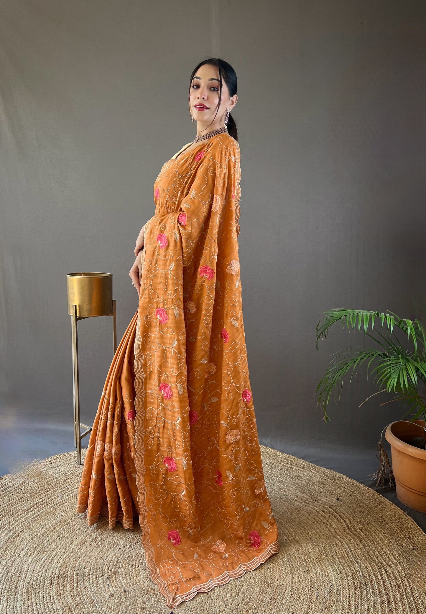 "Embroidered Floral Tussar Silk Saree with Cutwork Border - Exquisite Handcrafted Elegance"