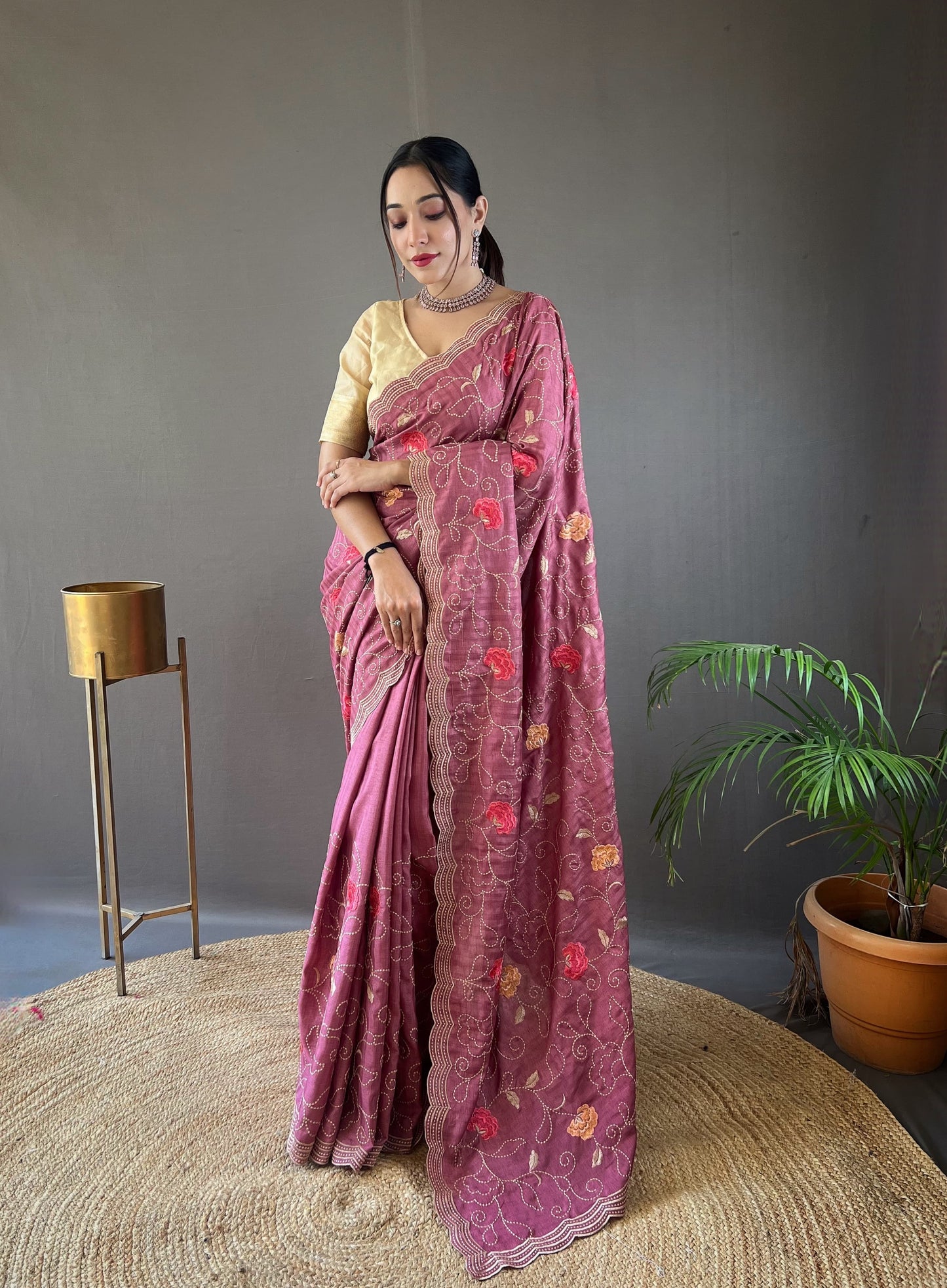 "Embroidered Floral Tussar Silk Saree with Cutwork Border - Exquisite Handcrafted Elegance"