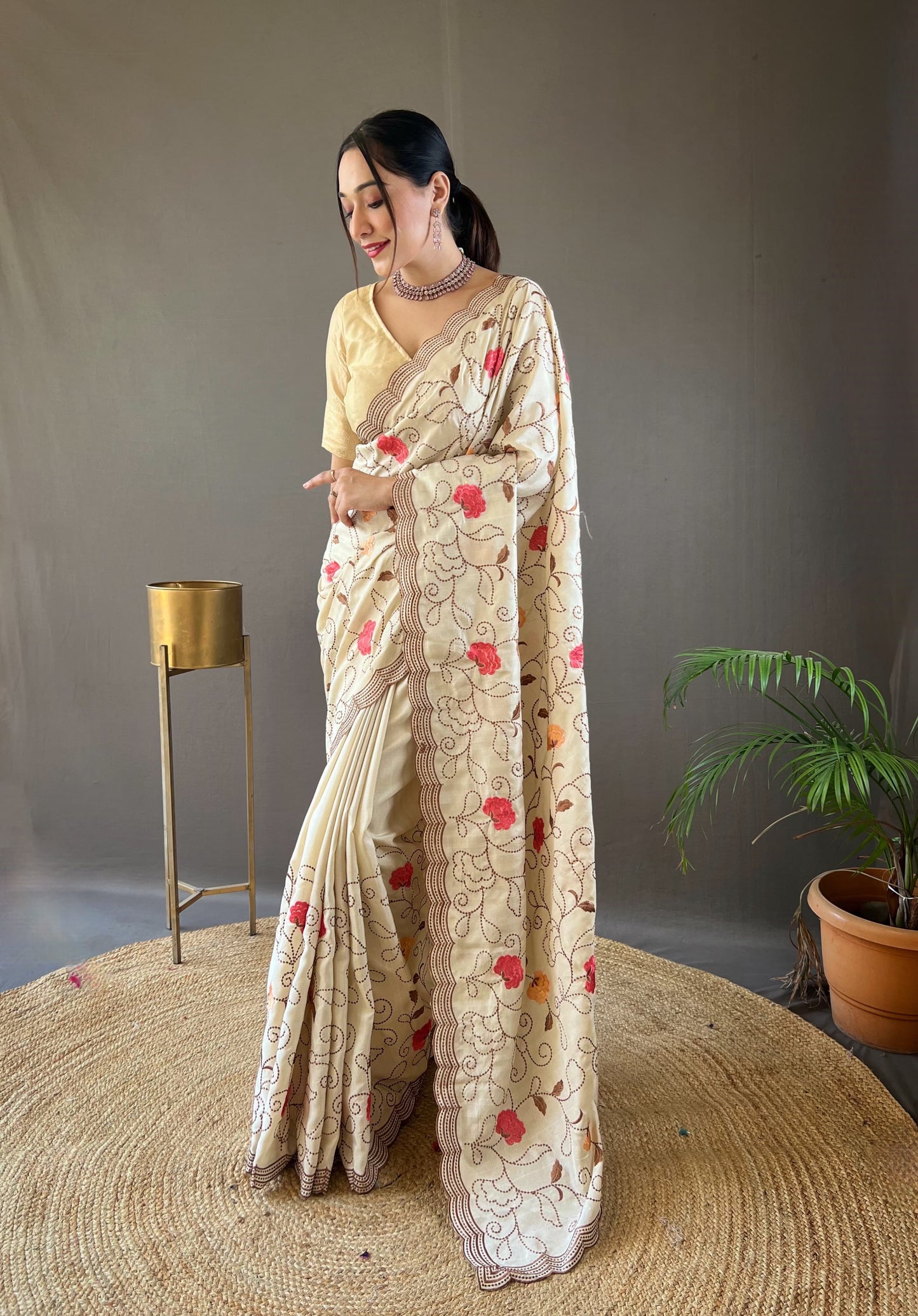 "Embroidered Floral Tussar Silk Saree with Cutwork Border - Exquisite Handcrafted Elegance"