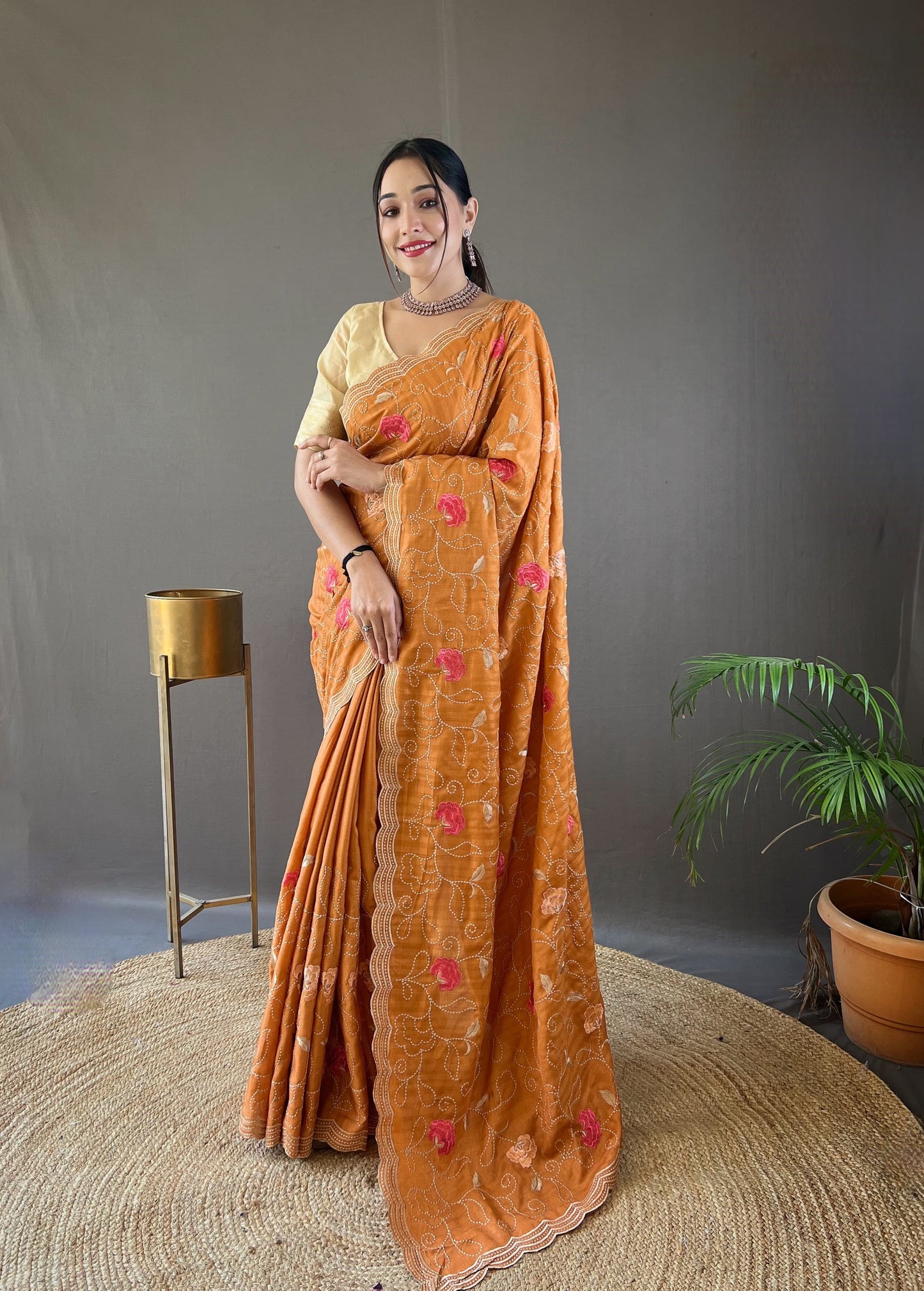 "Embroidered Floral Tussar Silk Saree with Cutwork Border - Exquisite Handcrafted Elegance"