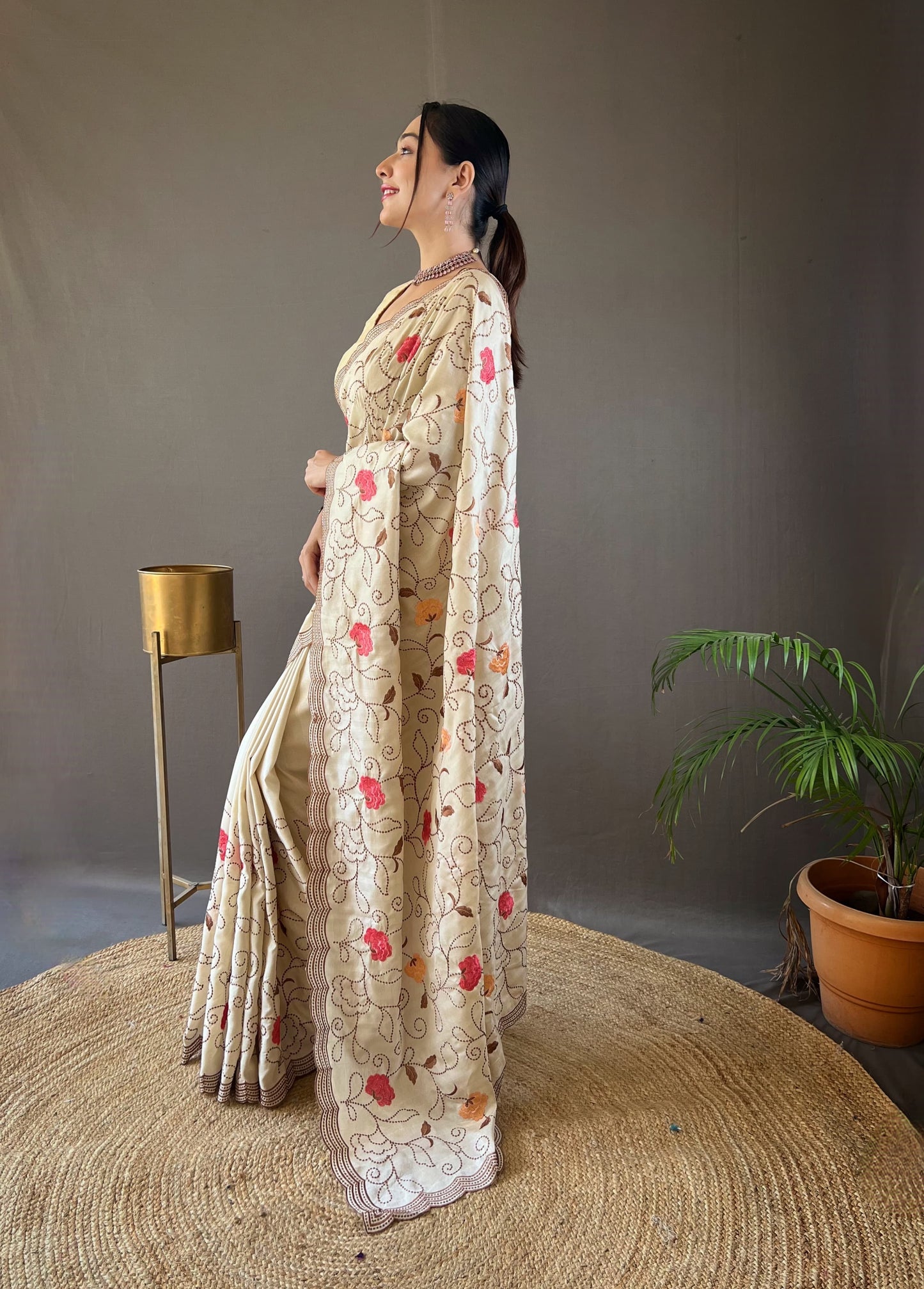 "Embroidered Floral Tussar Silk Saree with Cutwork Border - Exquisite Handcrafted Elegance"