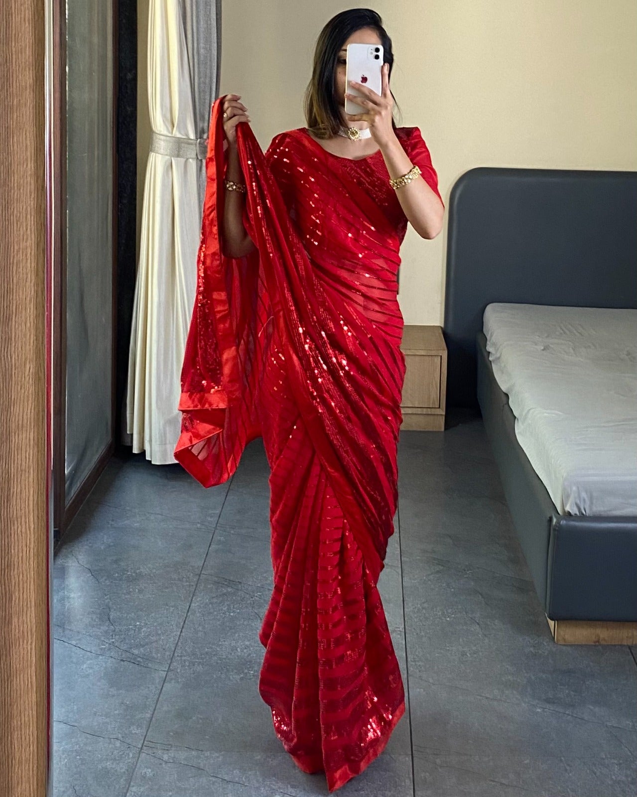 "Fancy Sequence Work Red Georgette Saree with Banglori Silk Blouse"