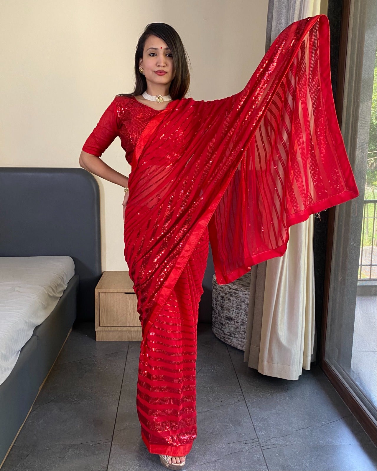 "Fancy Sequence Work Red Georgette Saree with Banglori Silk Blouse"