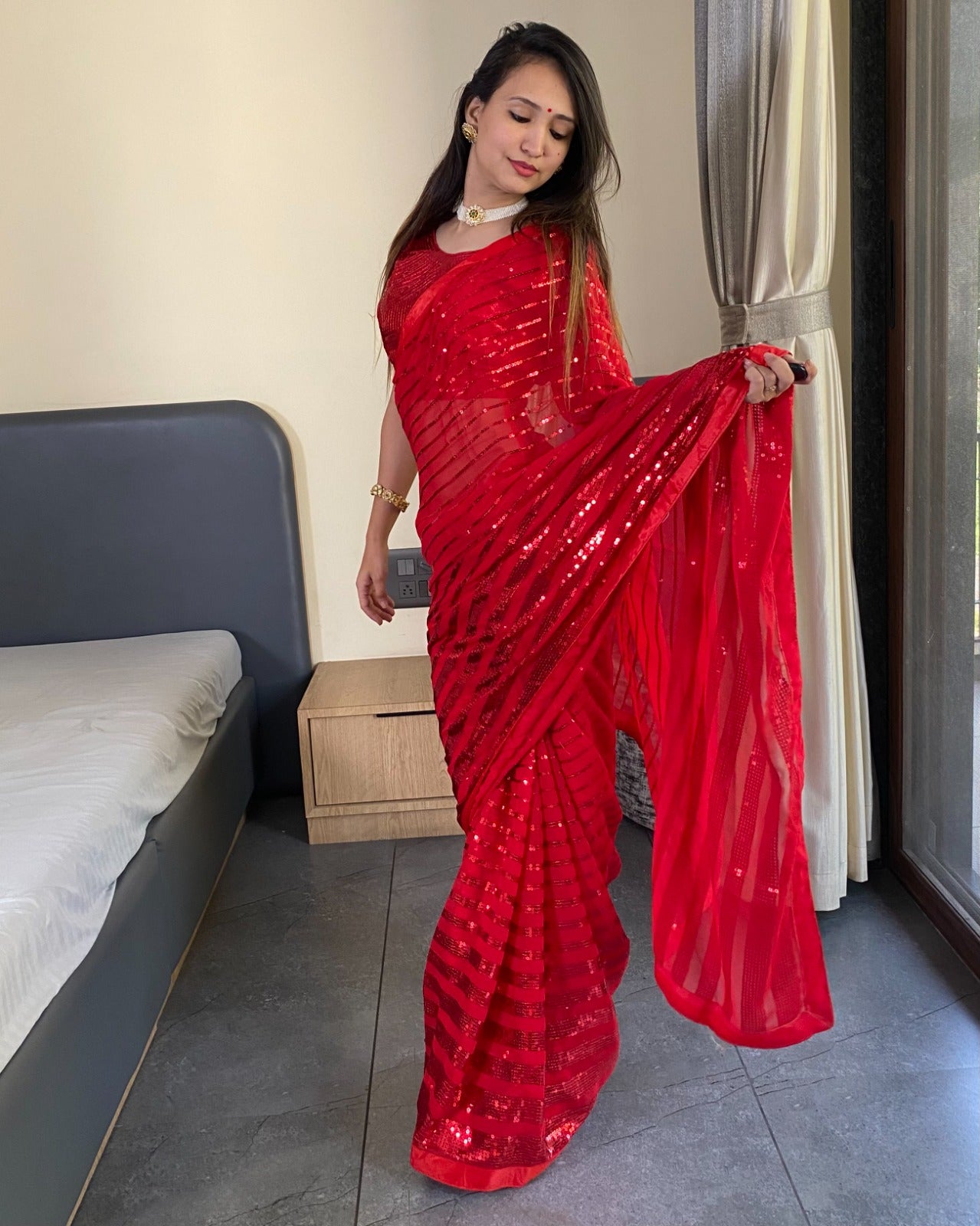 "Fancy Sequence Work Red Georgette Saree with Banglori Silk Blouse"