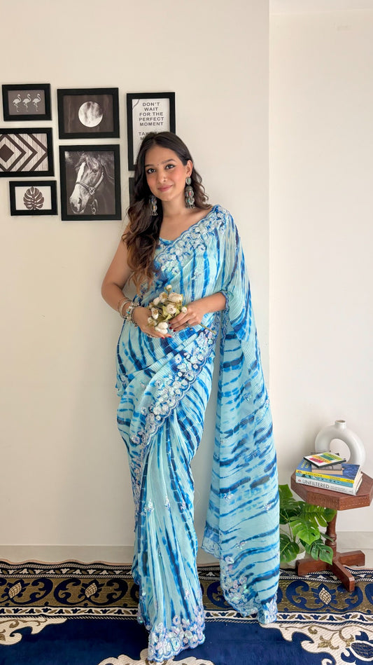 Hand-Printed Crush Sequence Georgette Saree with Matching Blouse