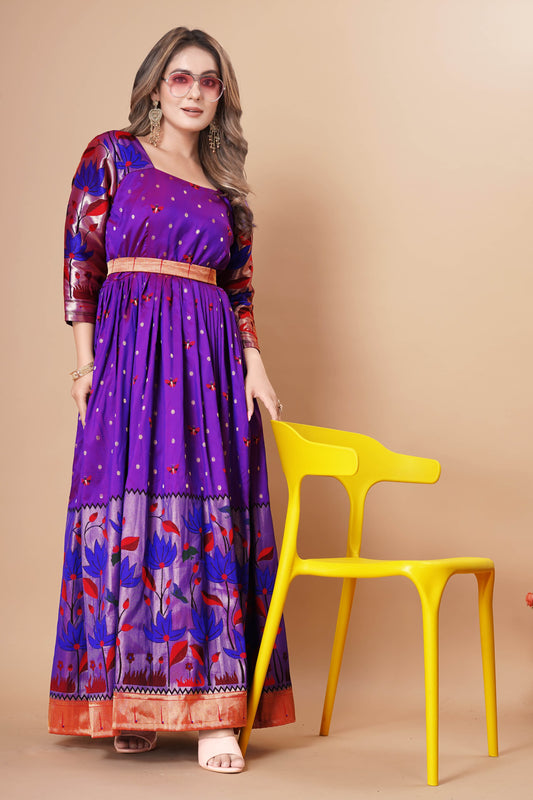 Traditional Soft Silk Gown with Modern Silhouette and Banarasi Zari Weaving Sleeves