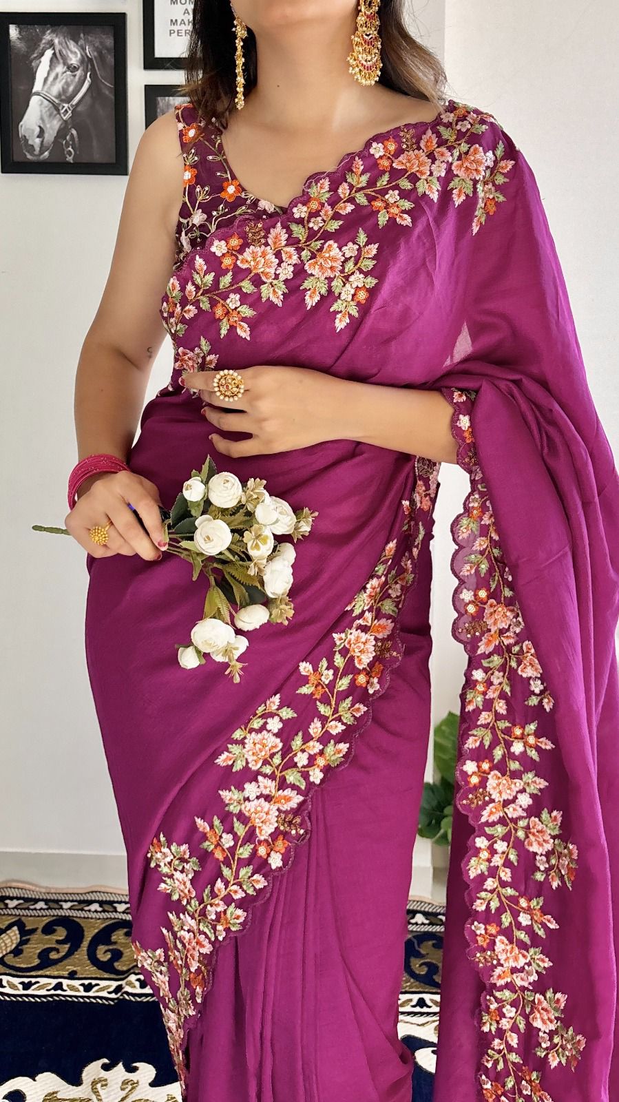 "Timeless Elegance: Vichitra Silk Saree with C Pallu Embroidery & Sequence Work"