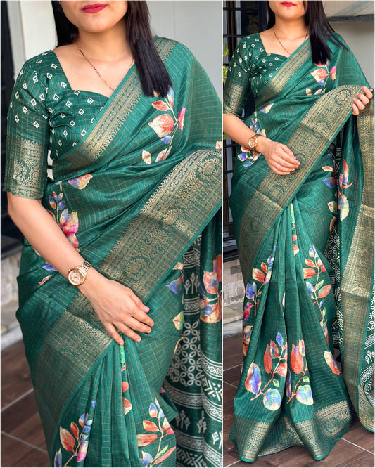 "Women's Beautiful Zari Weaving and Tassels Hand-Printed Cotton Silk Saree with Running Blouse"