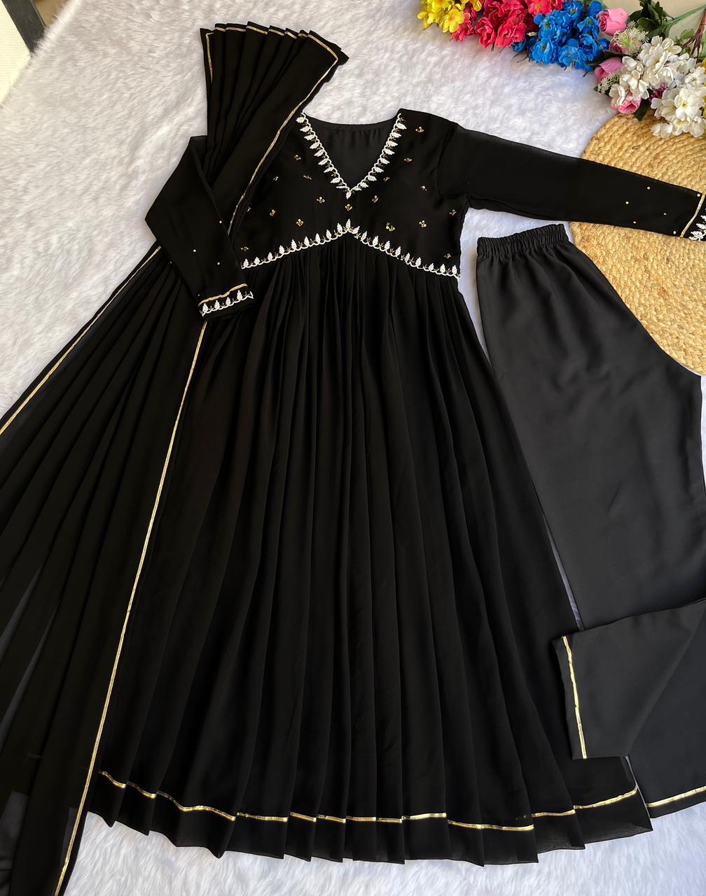 "Black Fox Georgette Gown Set with Dupatta: Elegant Party Wear Ensemble"