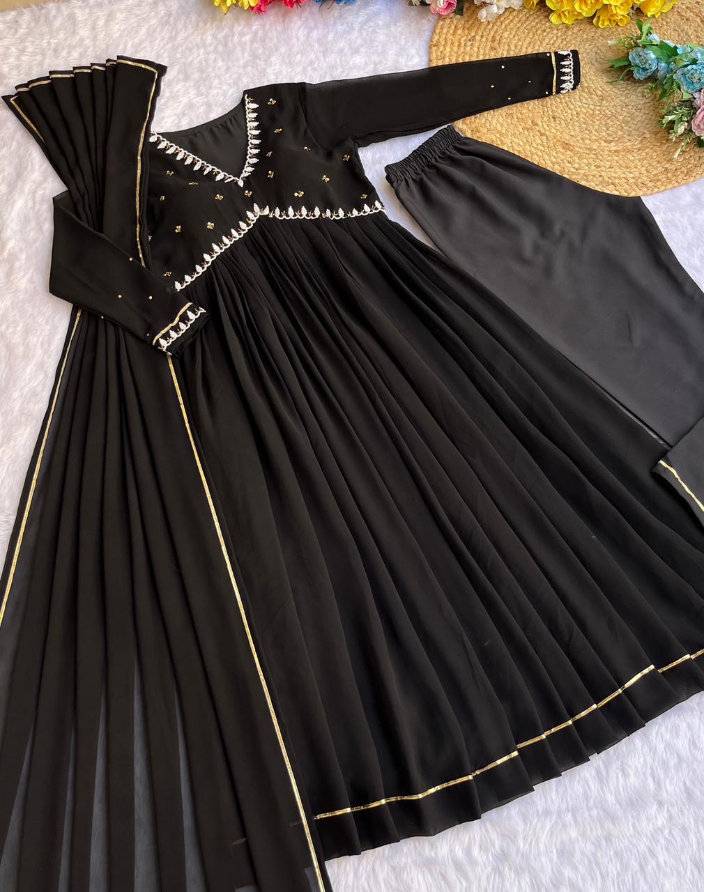 "Black Fox Georgette Gown Set with Dupatta: Elegant Party Wear Ensemble"