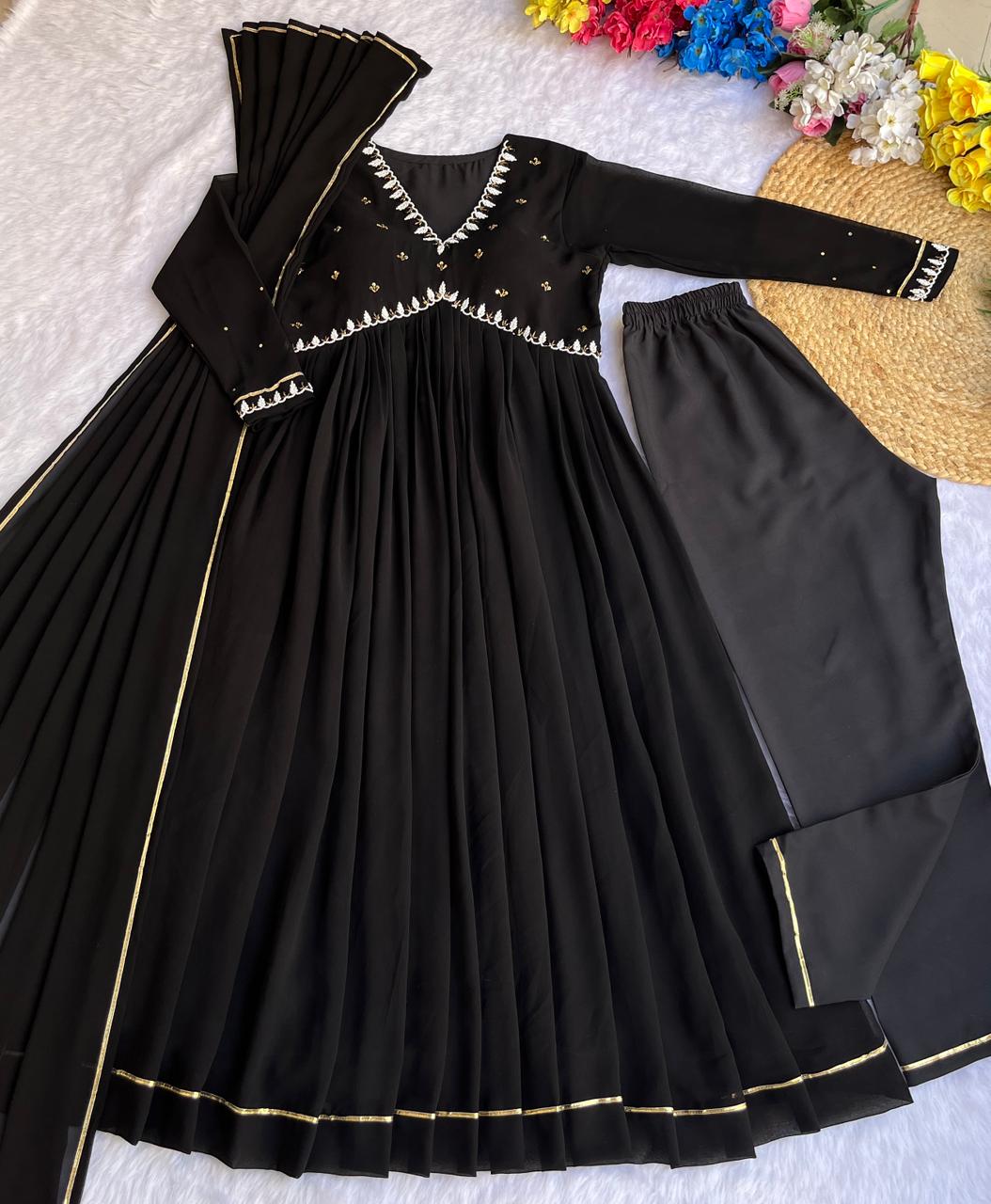 "Black Fox Georgette Gown Set with Dupatta: Elegant Party Wear Ensemble"