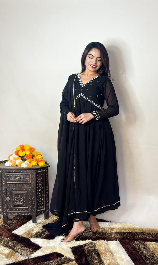 "Black Fox Georgette Gown Set with Dupatta: Elegant Party Wear Ensemble"