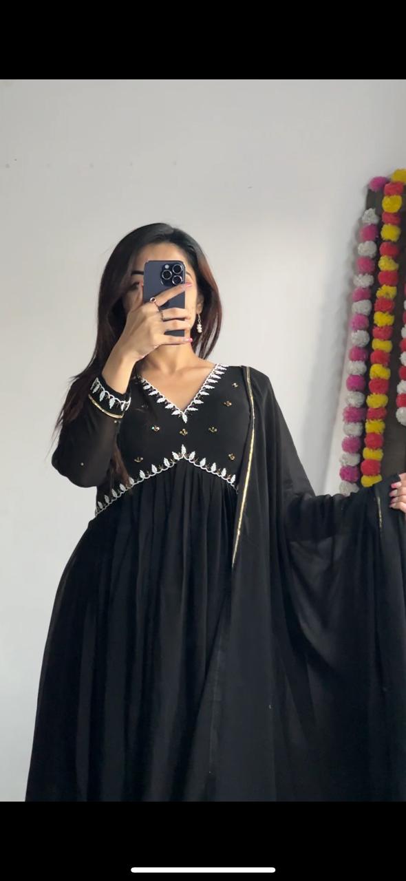 "Black Fox Georgette Gown Set with Dupatta: Elegant Party Wear Ensemble"