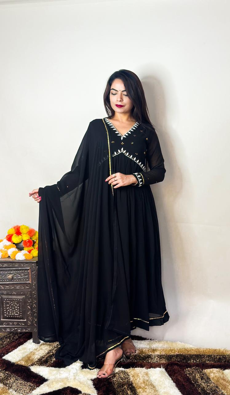 "Black Fox Georgette Gown Set with Dupatta: Elegant Party Wear Ensemble"