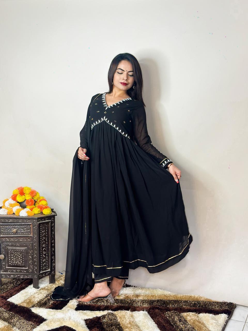 "Black Fox Georgette Gown Set with Dupatta: Elegant Party Wear Ensemble"