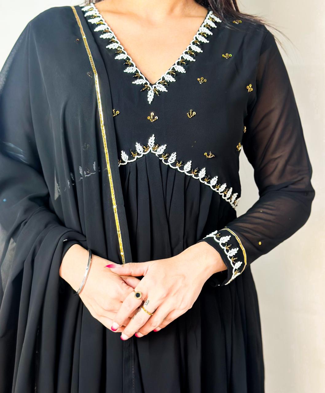 "Black Fox Georgette Gown Set with Dupatta: Elegant Party Wear Ensemble"