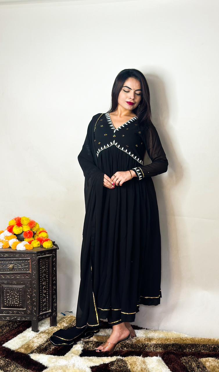 "Black Fox Georgette Gown Set with Dupatta: Elegant Party Wear Ensemble"