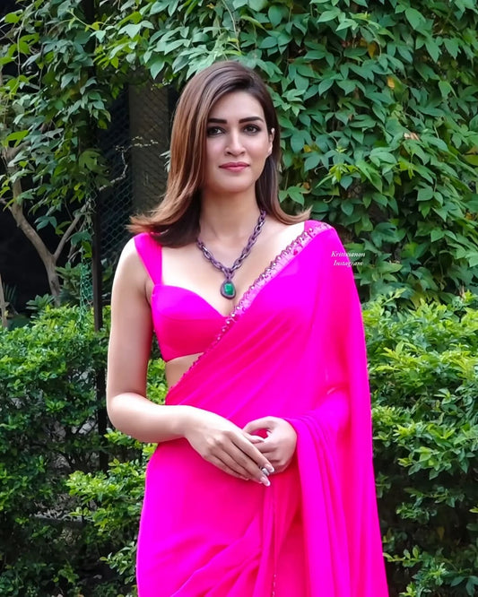 "Kriti Sanon Inspired Pink Georgette Saree with Dual Sequence Lace Border - Elegant Ethnic Ensemble"