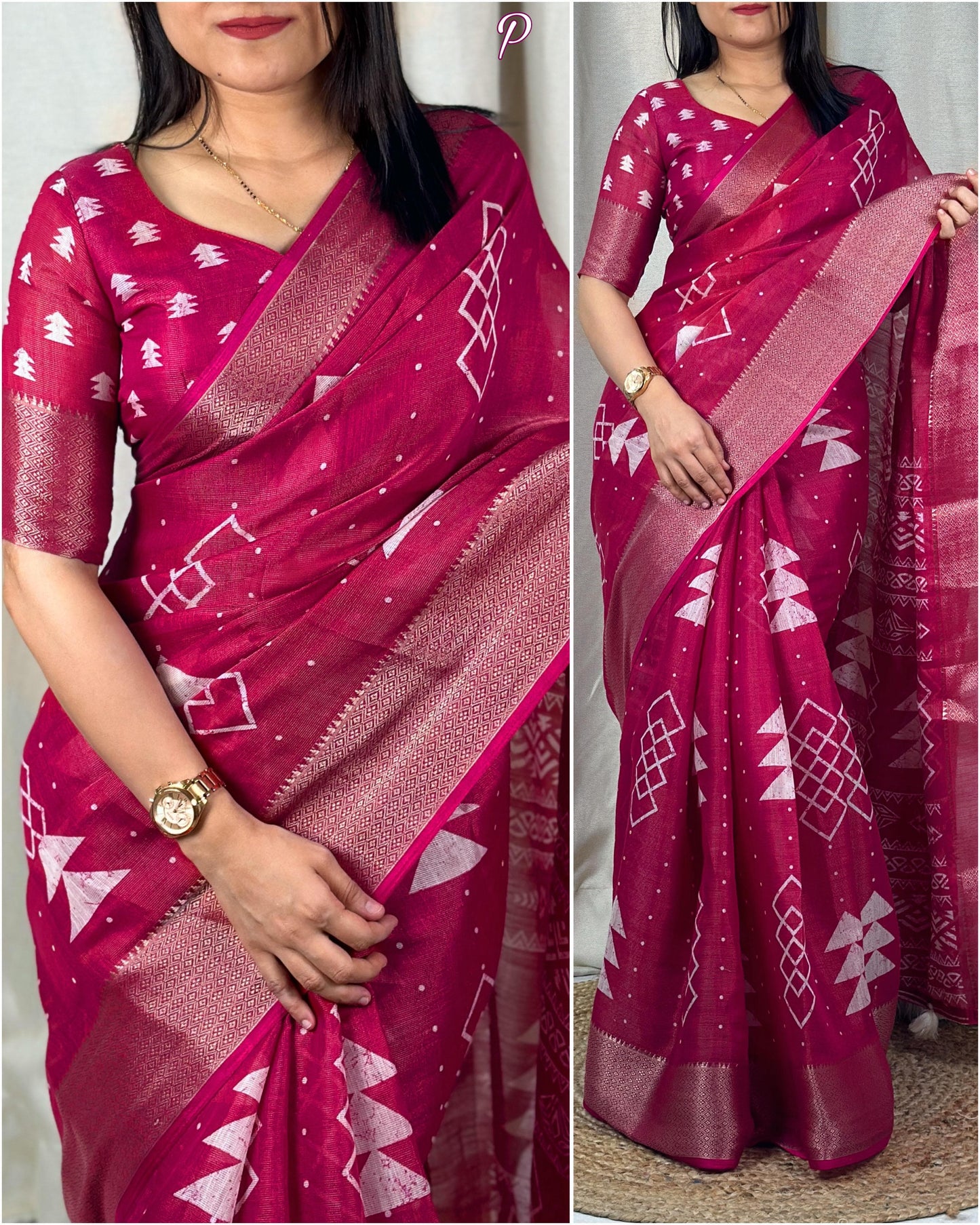 "Cotton Zari Jacquard Hand-Printed Saree: Timeless Charm with Designer Weaving & Tassels"