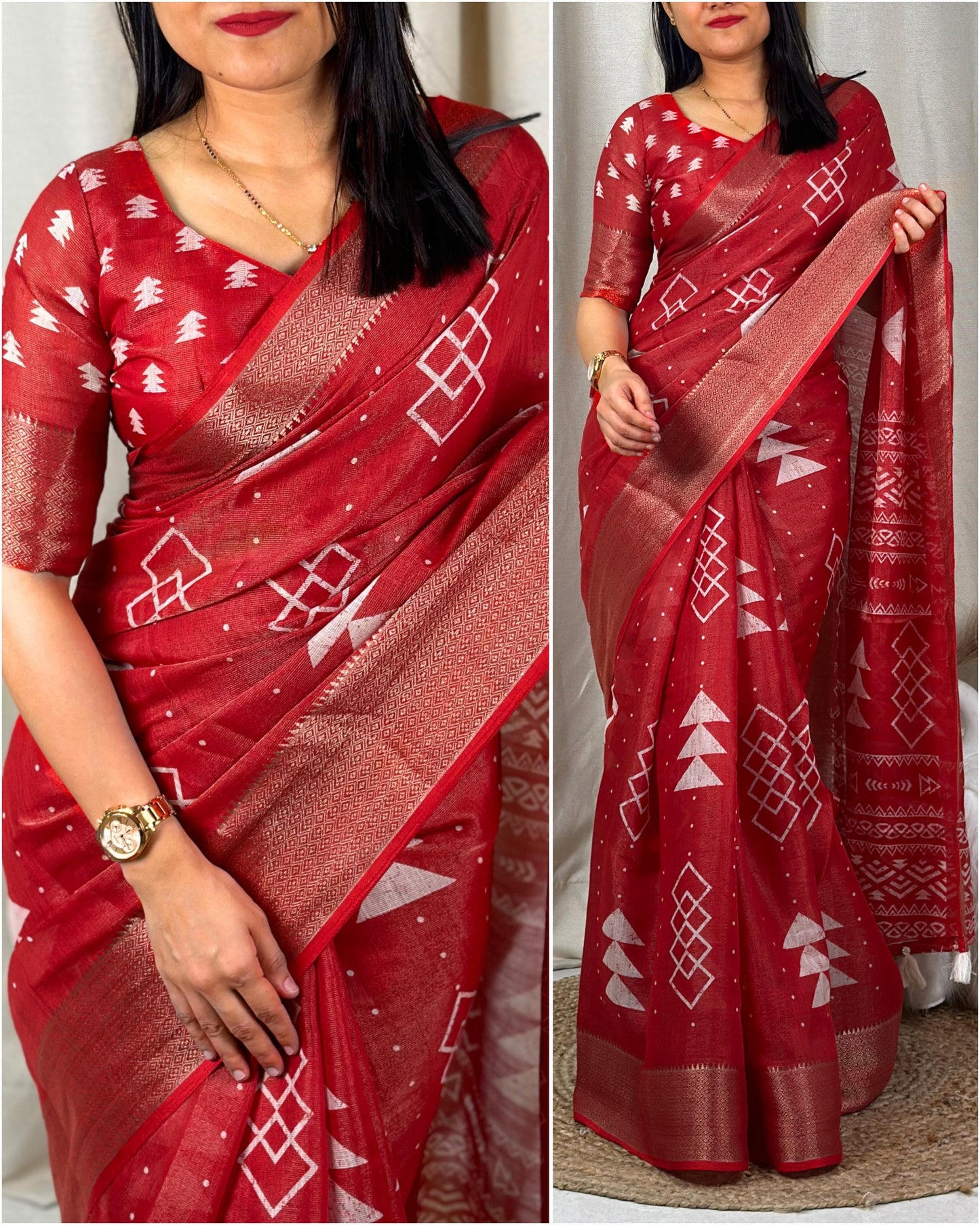 "Cotton Zari Jacquard Hand-Printed Saree: Timeless Charm with Designer Weaving & Tassels"