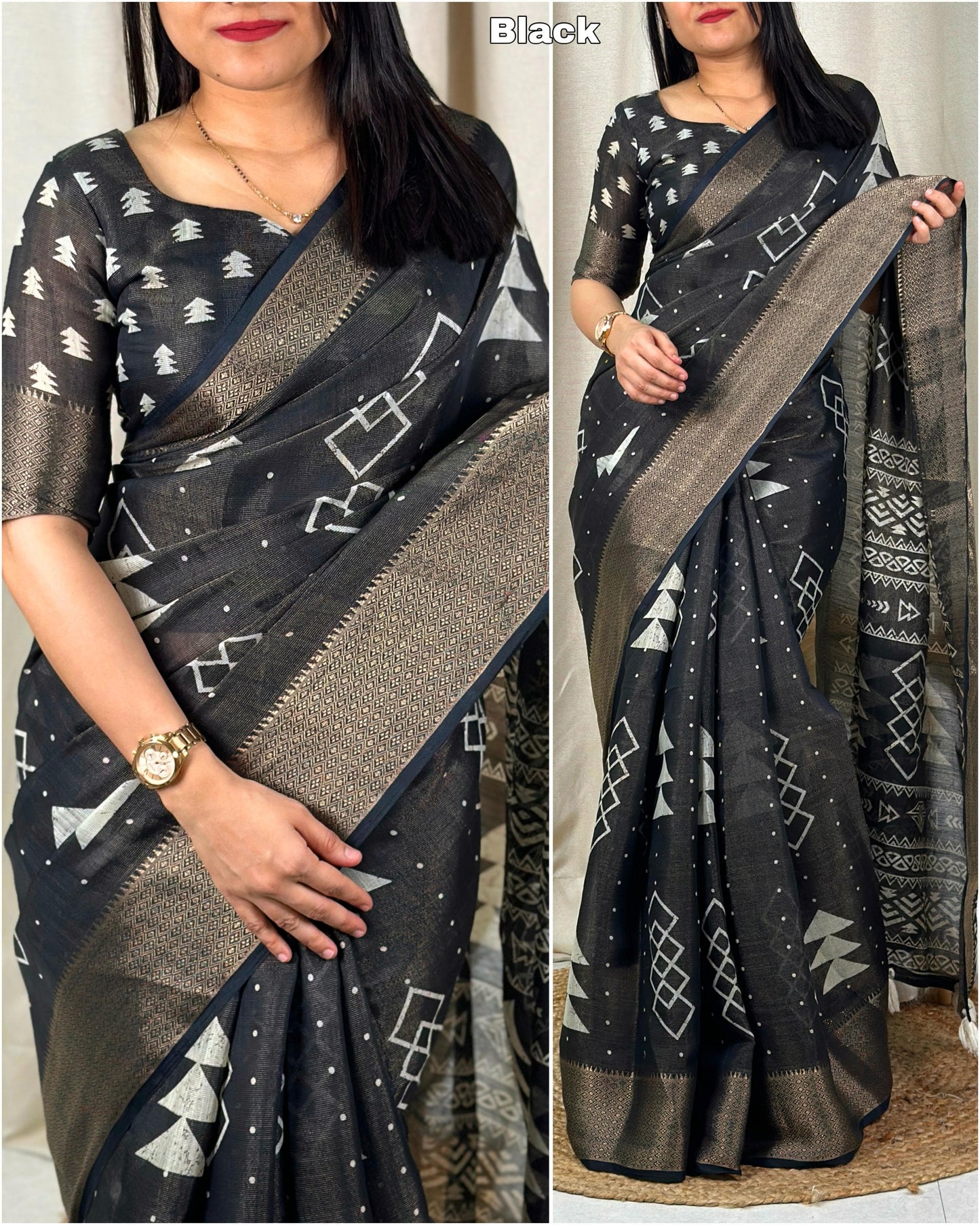 "Cotton Zari Jacquard Hand-Printed Saree: Timeless Charm with Designer Weaving & Tassels"