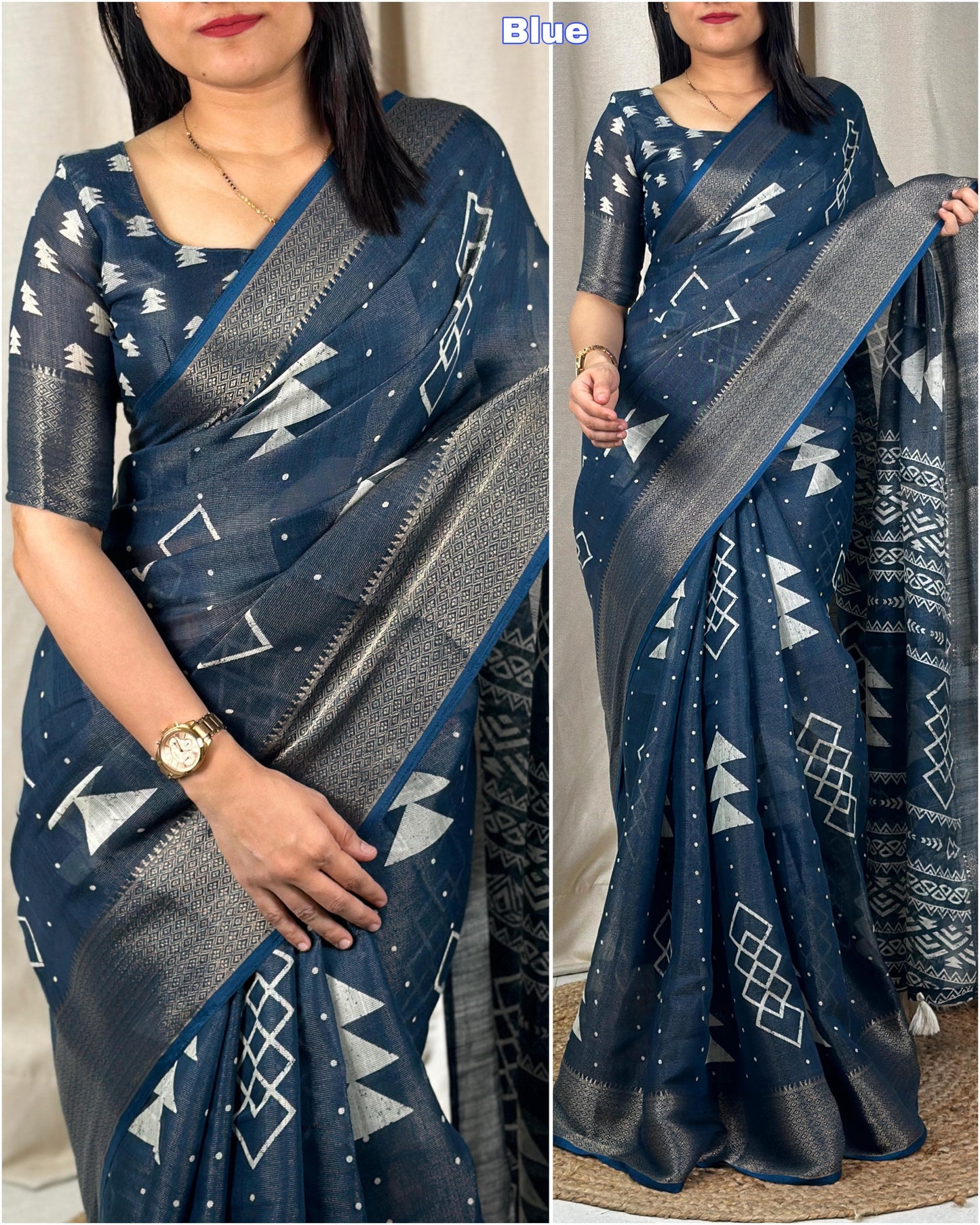 "Cotton Zari Jacquard Hand-Printed Saree: Timeless Charm with Designer Weaving & Tassels"