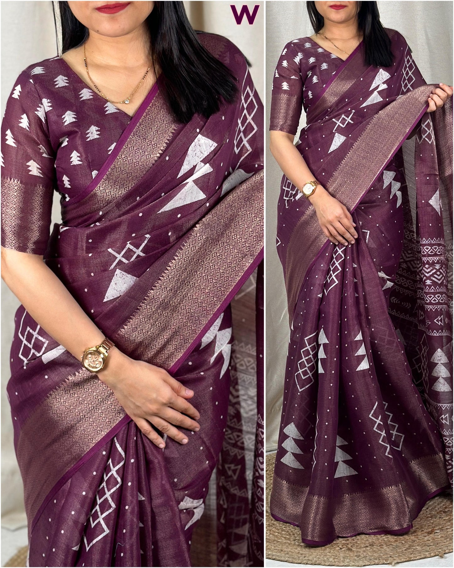 "Cotton Zari Jacquard Hand-Printed Saree: Timeless Charm with Designer Weaving & Tassels"