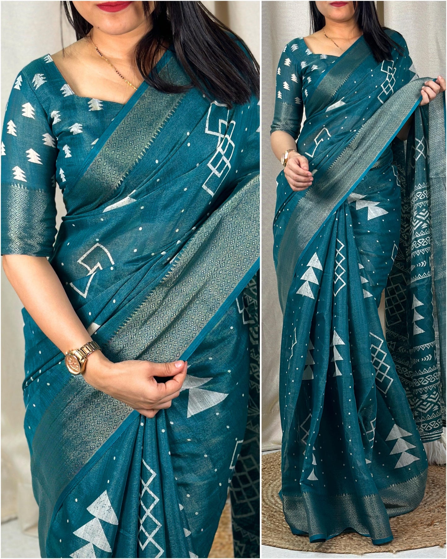 "Cotton Zari Jacquard Hand-Printed Saree: Timeless Charm with Designer Weaving & Tassels"