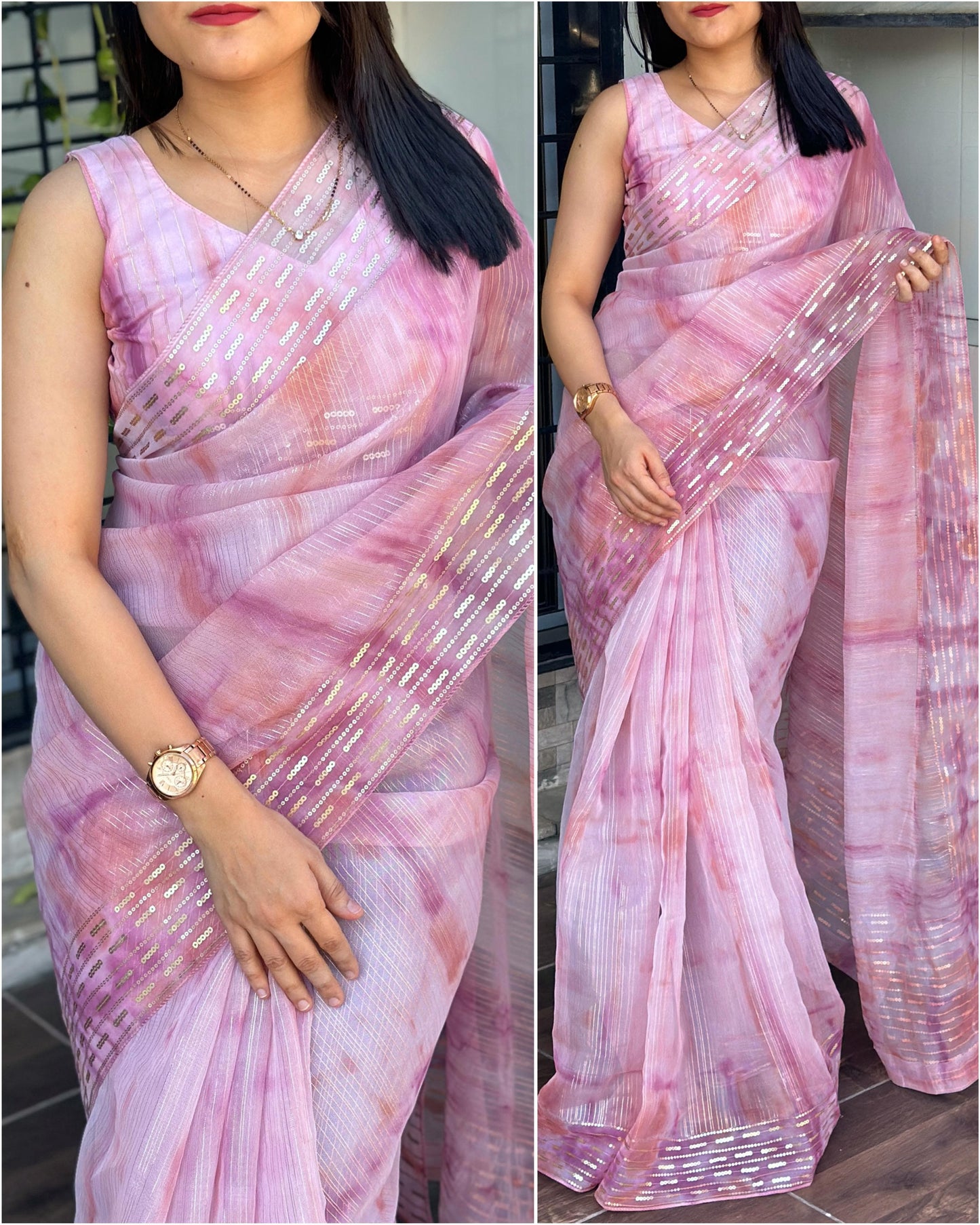 Women's Beautiful Shaded Printed With Zari Lining and Hand Sequins Work Pure Soft Organza Saree With Blouse