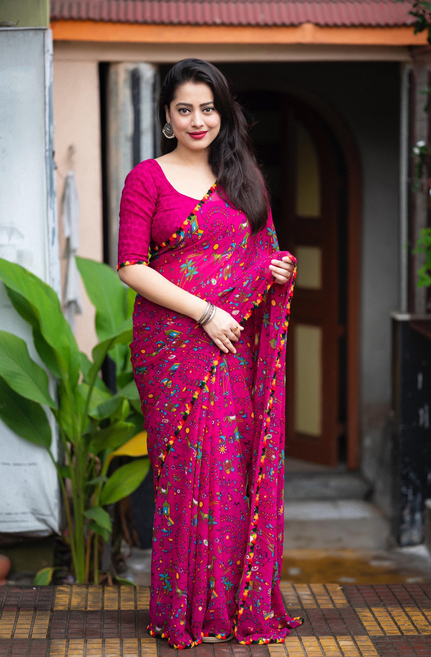 Fancy Worli & Cartoon Prints with Aari Mirror Work Georgette Saree with Blouse