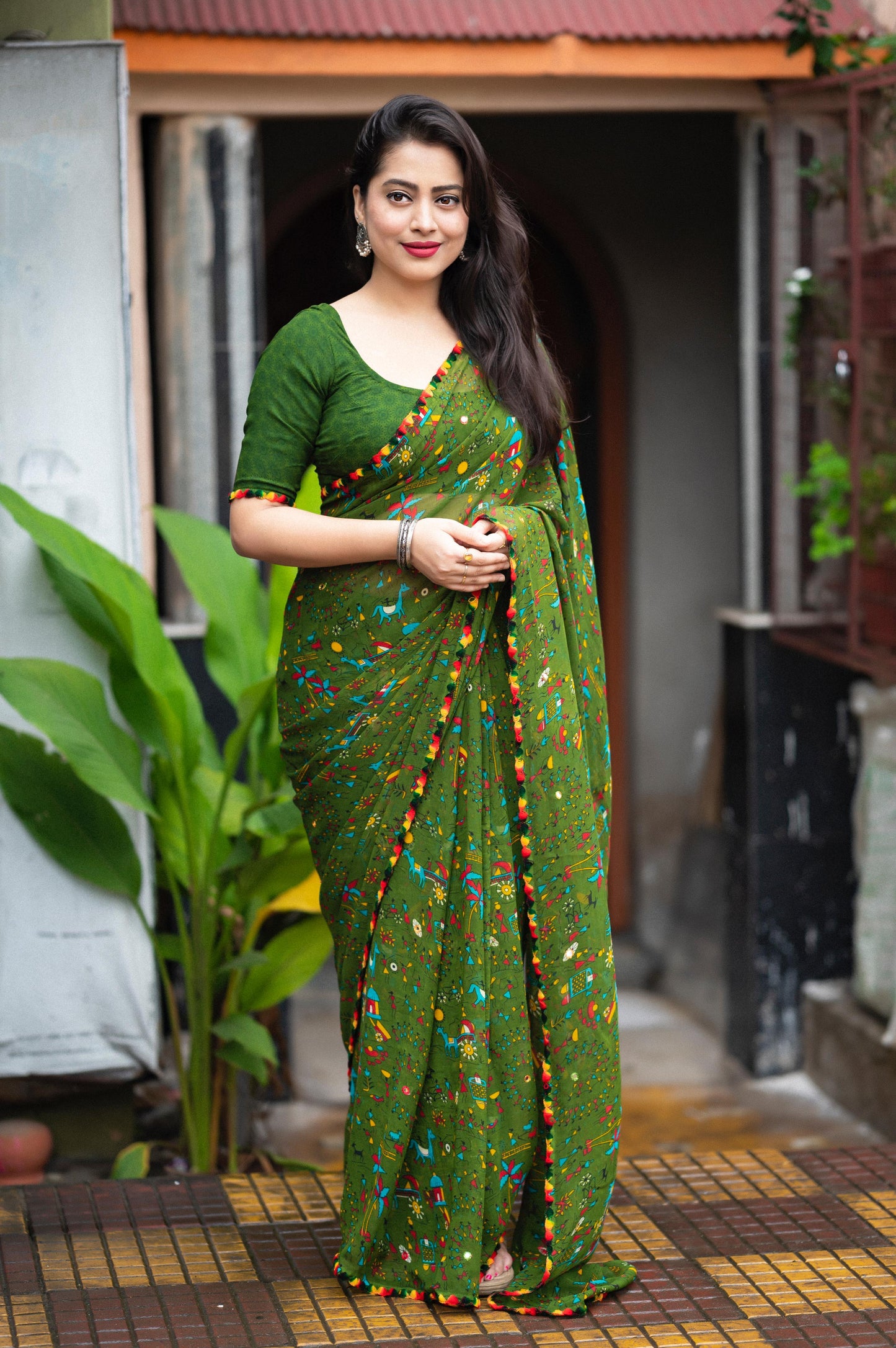 Fancy Worli & Cartoon Prints with Aari Mirror Work Georgette Saree with Blouse