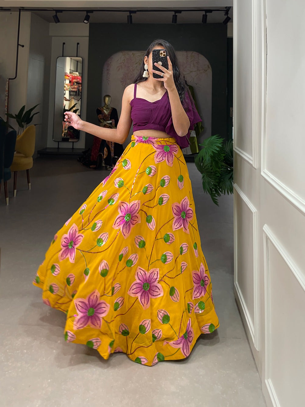 "Yellow Georgette Sequins Lehenga with Heart-Shaped Stitched Blouse"