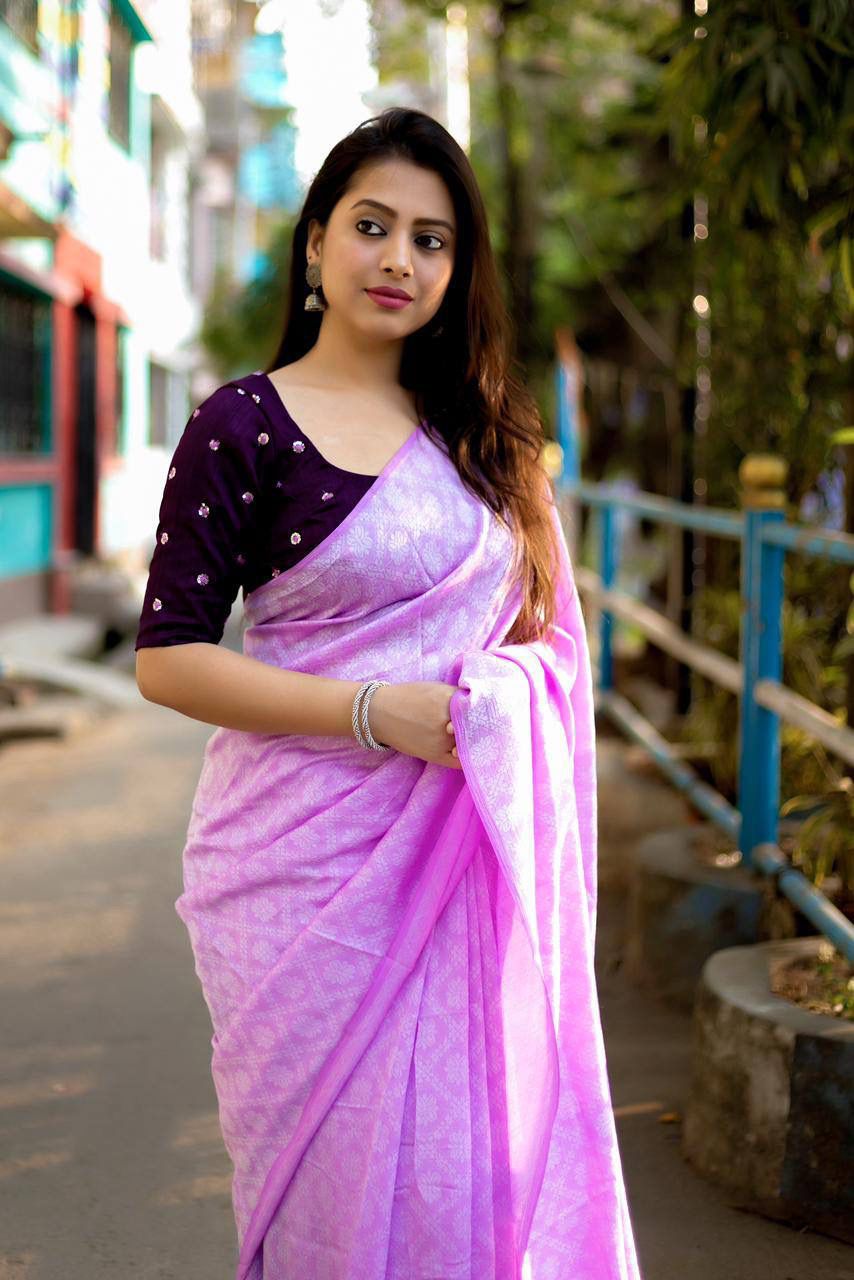 "Patola Style Soft Cotton Crape Saree with Jacquard Design and Silk Embroidered Blouse Set"