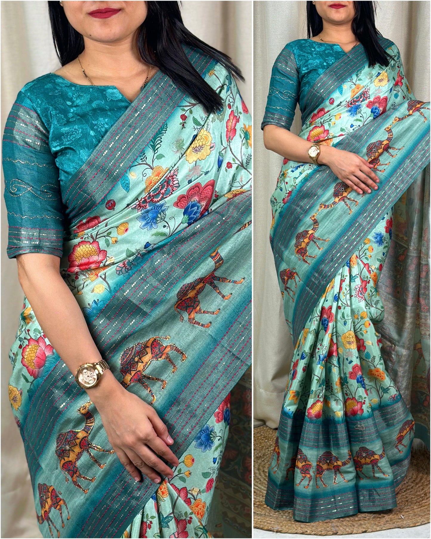 "Grand Kantha Kalamkari: Authentic Cotton Silk Saree with Aabla Zari Work"
