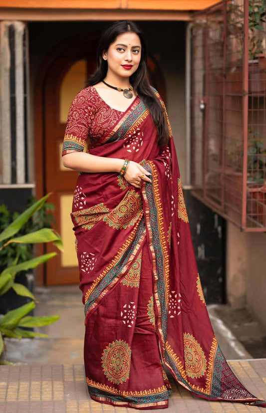 Women's Beautiful Zari Woven Pattu Border and Ajrakh butta style hand block Prints Chanderi Cotton Saree with Blouse