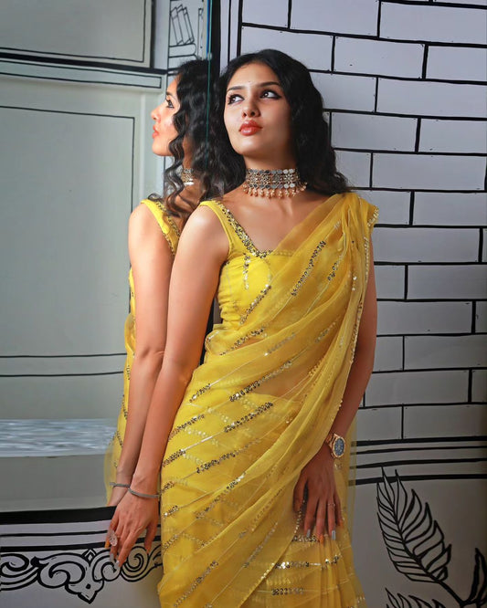 Women's Embroidered Sequence Work Yellow Colour  Saree with Blouse