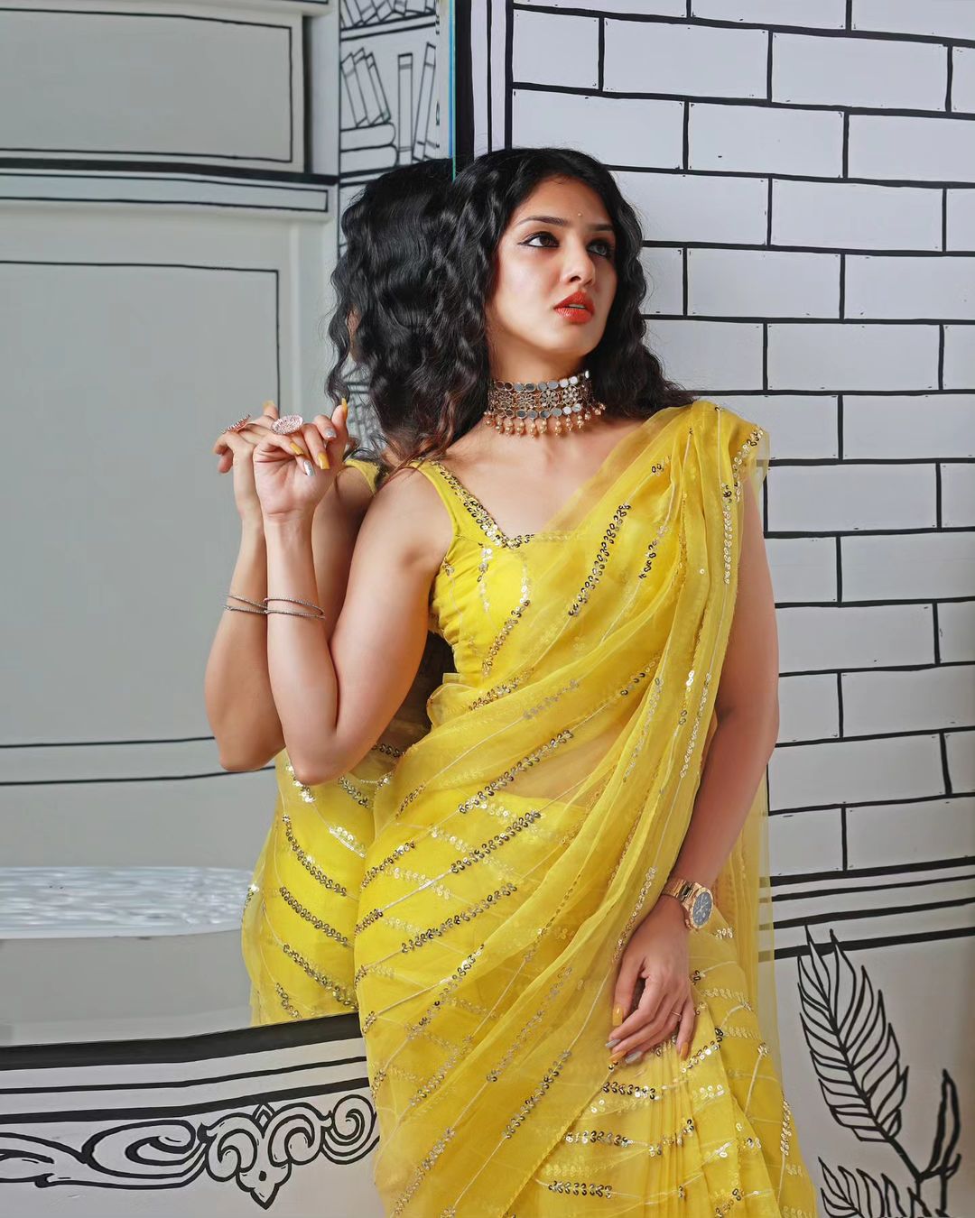 Women's Embroidered Sequence Work Yellow Colour  Saree with Blouse