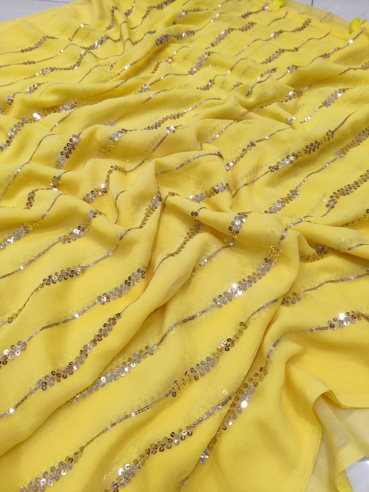 Women's Embroidered Sequence Work Yellow Colour  Saree with Blouse