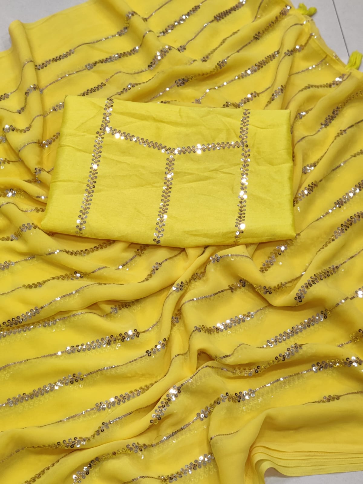 Women's Embroidered Sequence Work Yellow Colour  Saree with Blouse