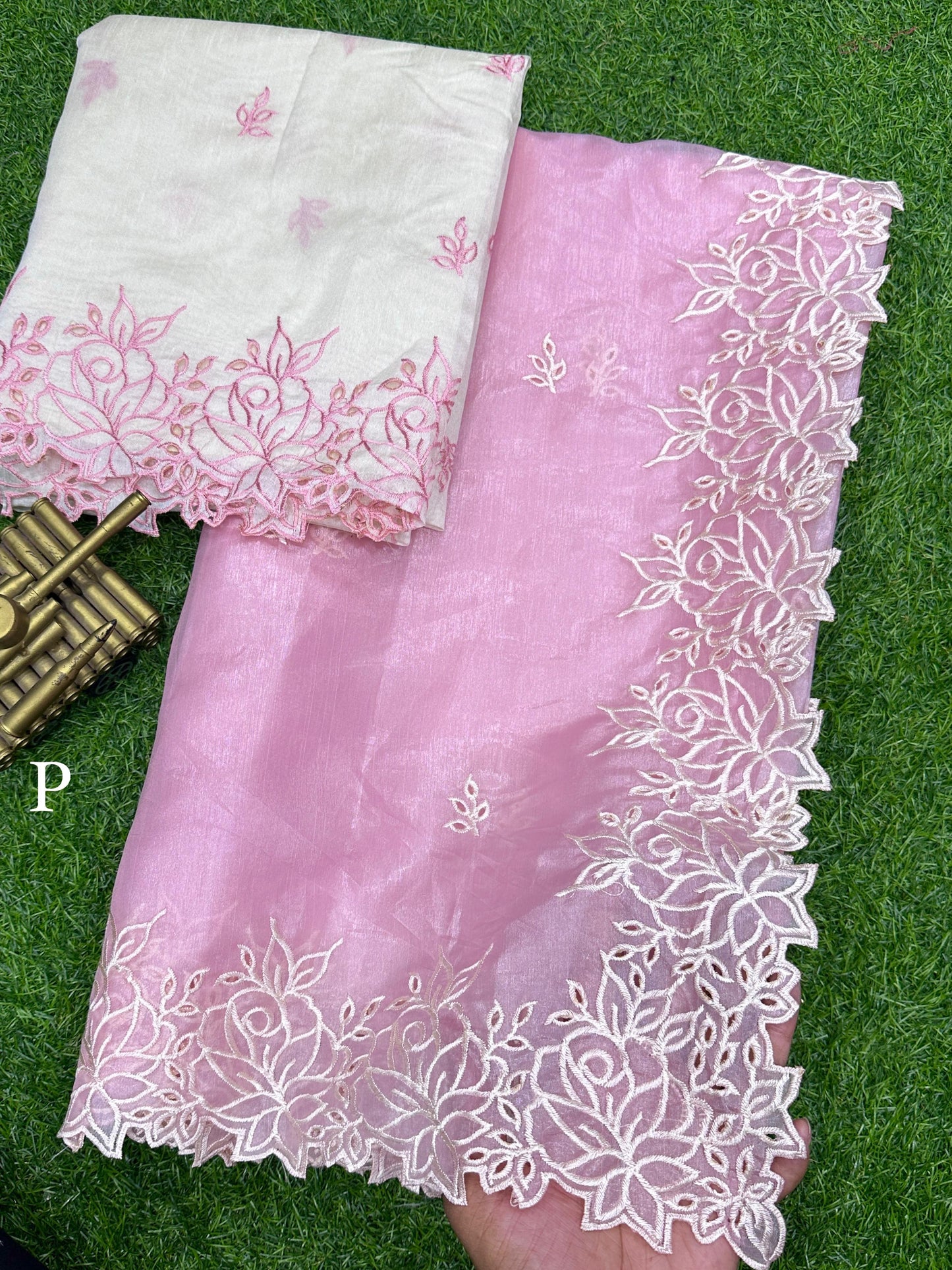 Women's Beautiful Embroidered Cutwork Border  Rangeen Silk Saree with Air Silk Blouse