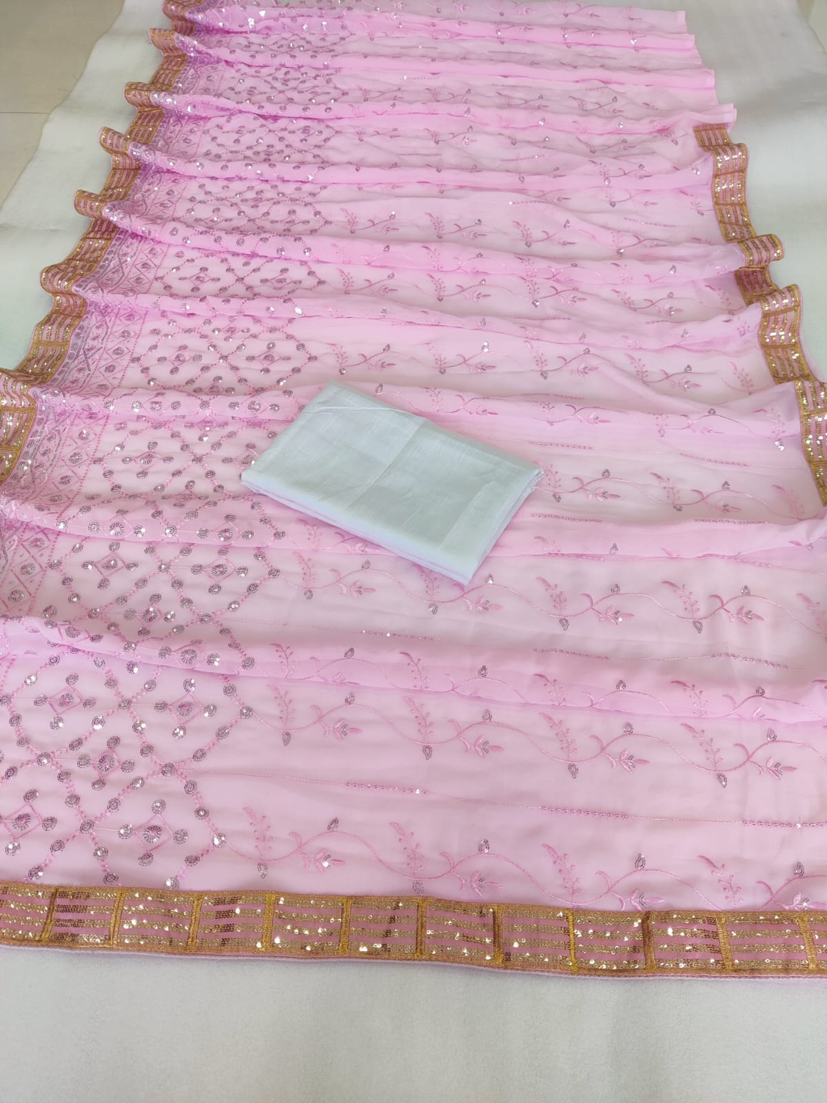 Women's Beautiful Embroidered Sequence Work Georgette Pink Colour Saree With Blouse