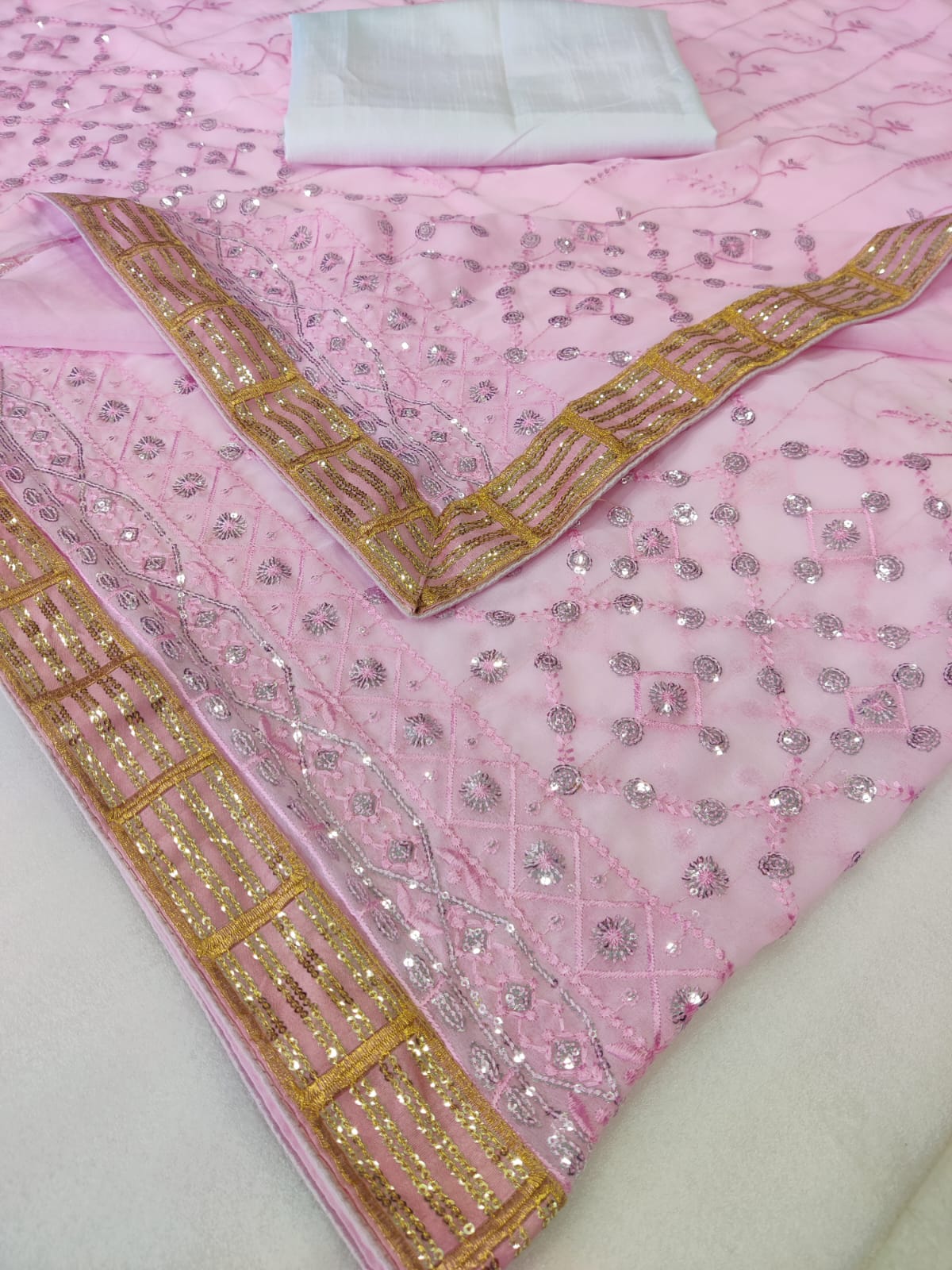 Women's Beautiful Embroidered Sequence Work Georgette Pink Colour Saree With Blouse