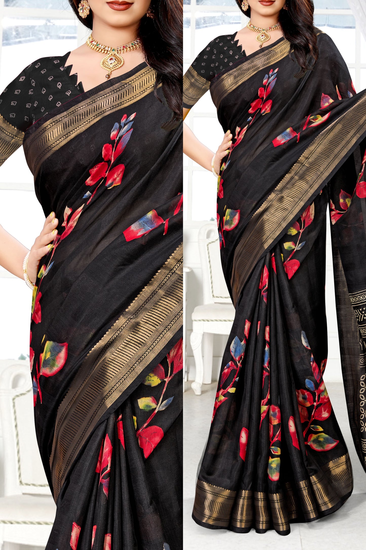 Women's Beutiful Zari Jacquard Border Floral Printed Soft Jaipuri Cotton Saree With Blouse