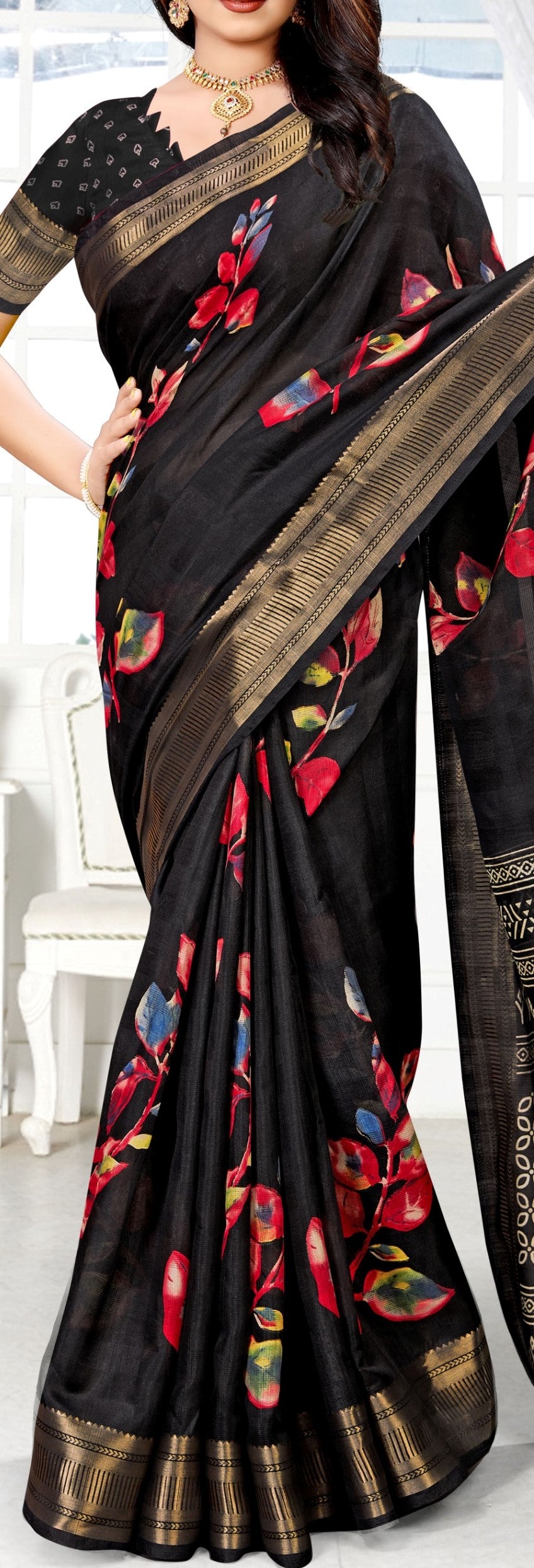 Women's Beutiful Zari Jacquard Border Floral Printed Soft Jaipuri Cotton Saree With Blouse