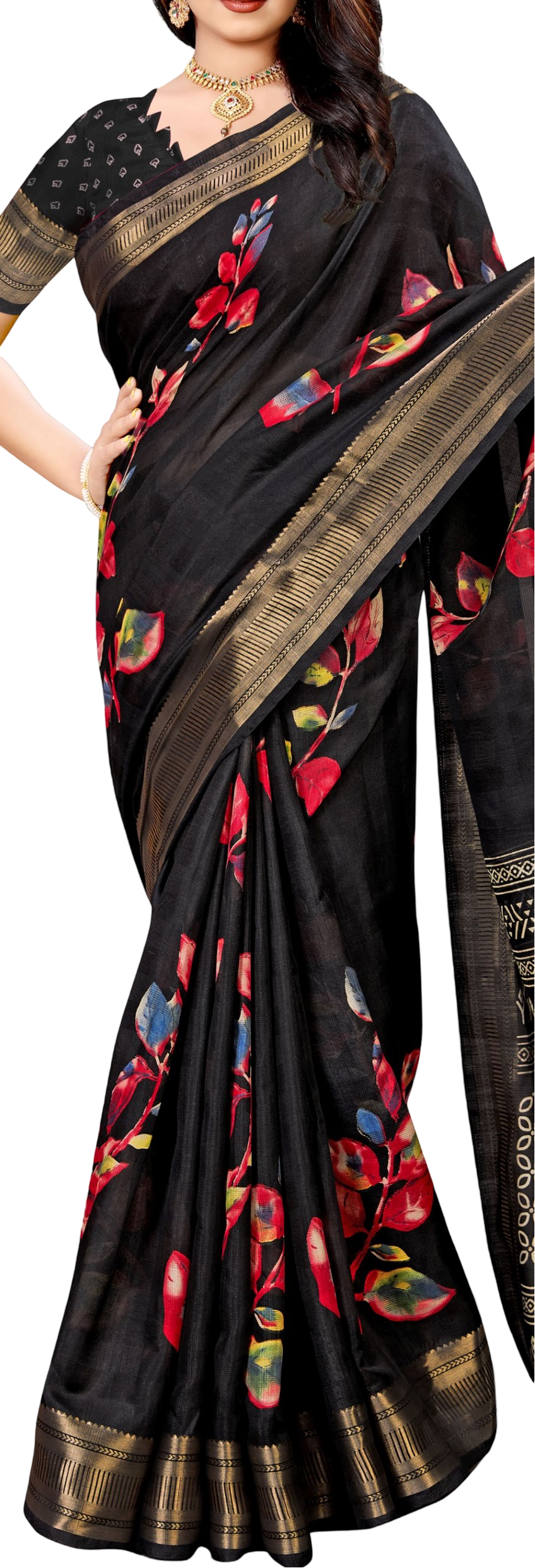 Women's Beutiful Zari Jacquard Border Floral Printed Soft Jaipuri Cotton Saree With Blouse