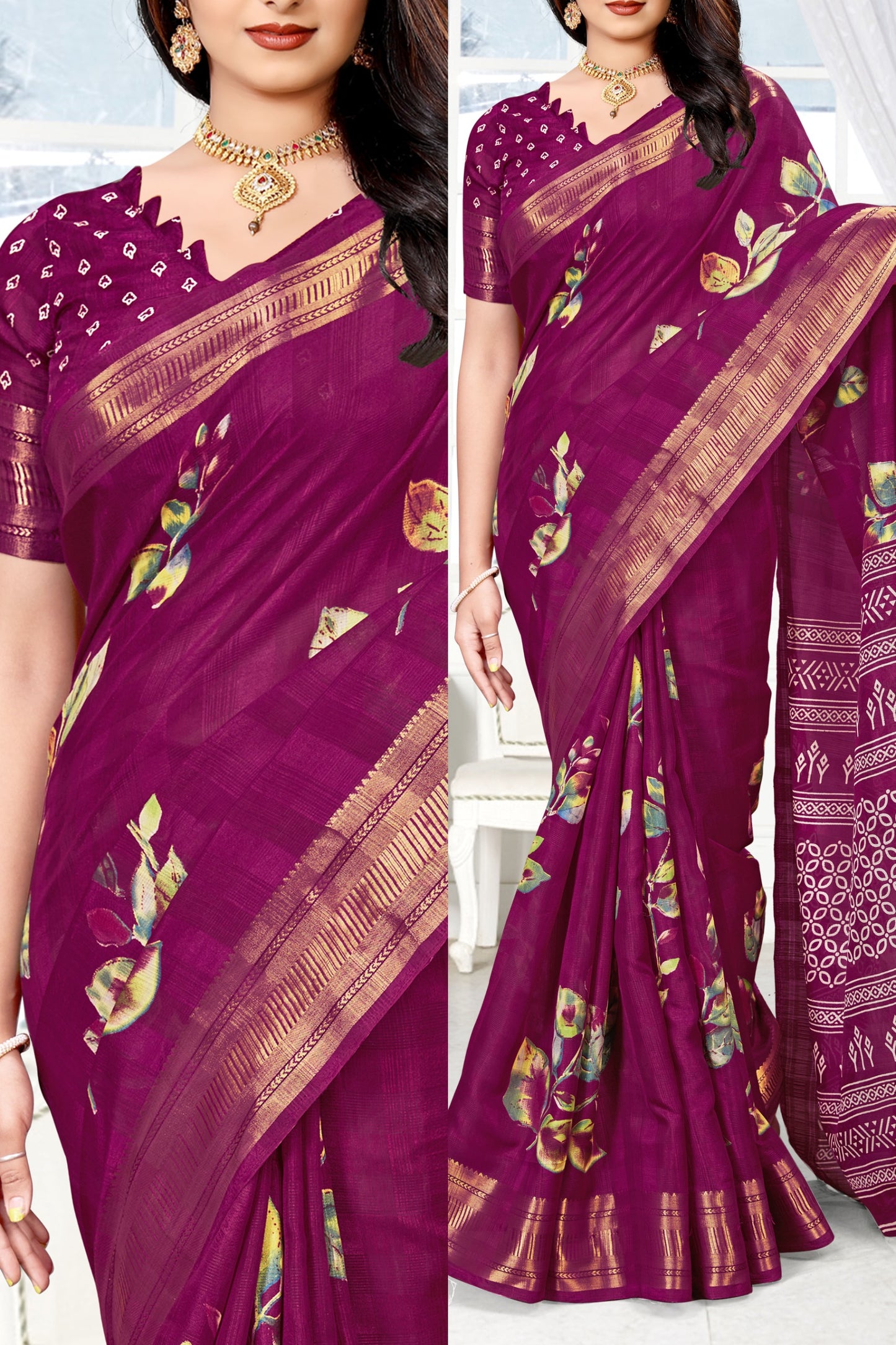 Women's Beutiful Zari Jacquard Border Floral Printed Soft Jaipuri Cotton Saree With Blouse