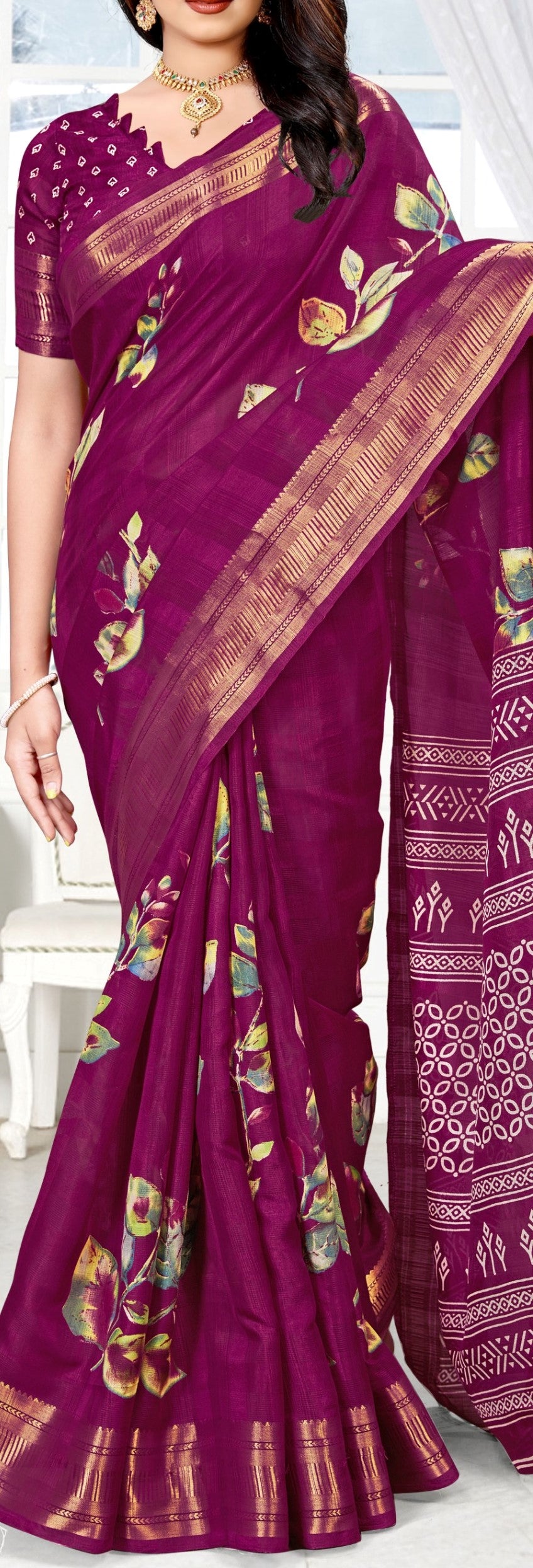 Women's Beutiful Zari Jacquard Border Floral Printed Soft Jaipuri Cotton Saree With Blouse