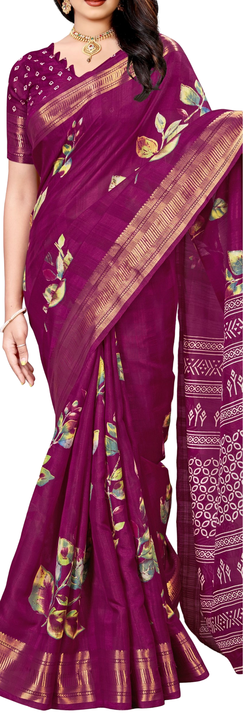 Women's Beutiful Zari Jacquard Border Floral Printed Soft Jaipuri Cotton Saree With Blouse