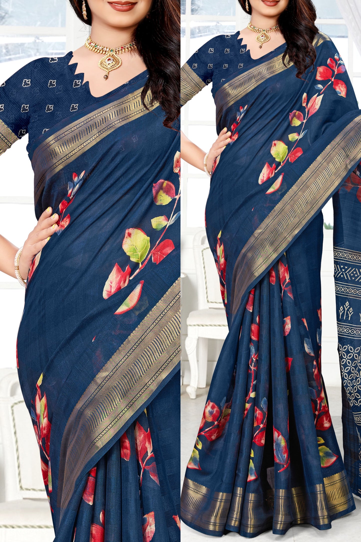 Women's Beutiful Zari Jacquard Border Floral Printed Soft Jaipuri Cotton Saree With Blouse